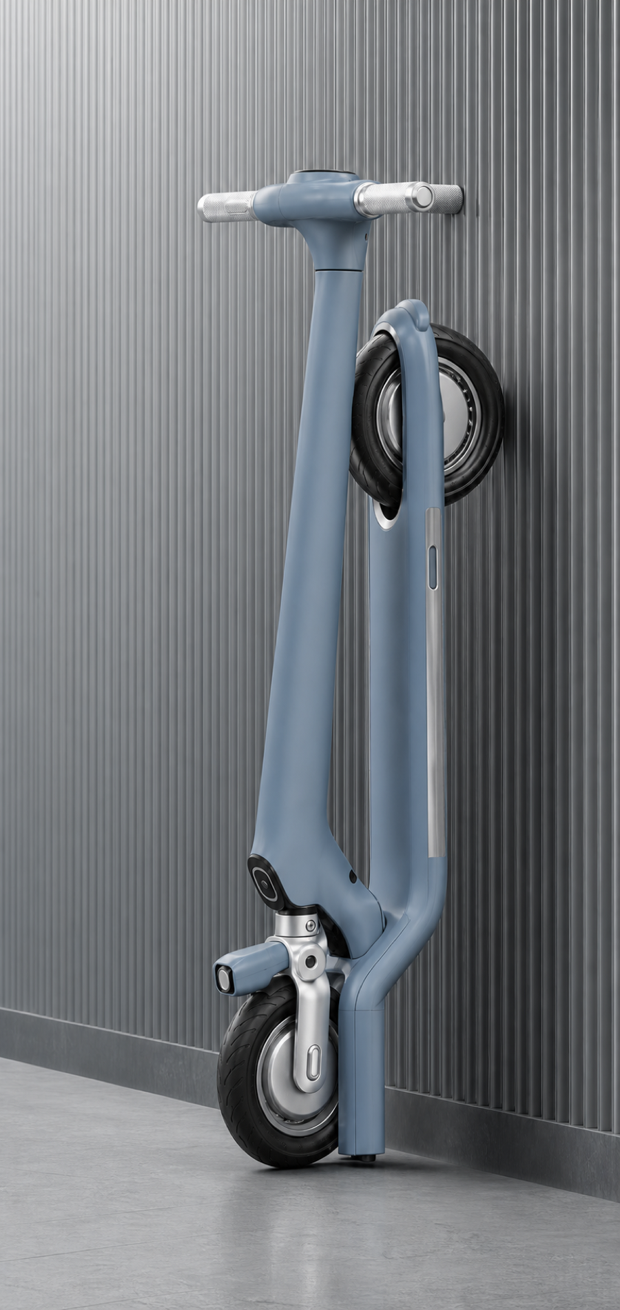 Monopattino Enduro Model X1 blu ripiegato in posizione verticale